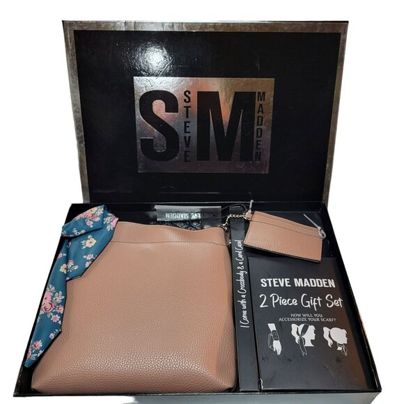 SM Steve Madden Crossbody Bag Card Case 2 PC Gift Box Set With Scarf Tan Brown - Picture 1 of 12